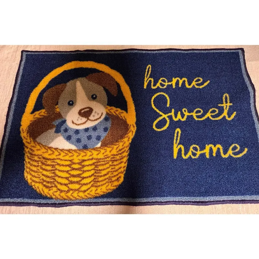 Decorative accent rug puppy in a basket Home Sweet Home welcome mat entryway Dog